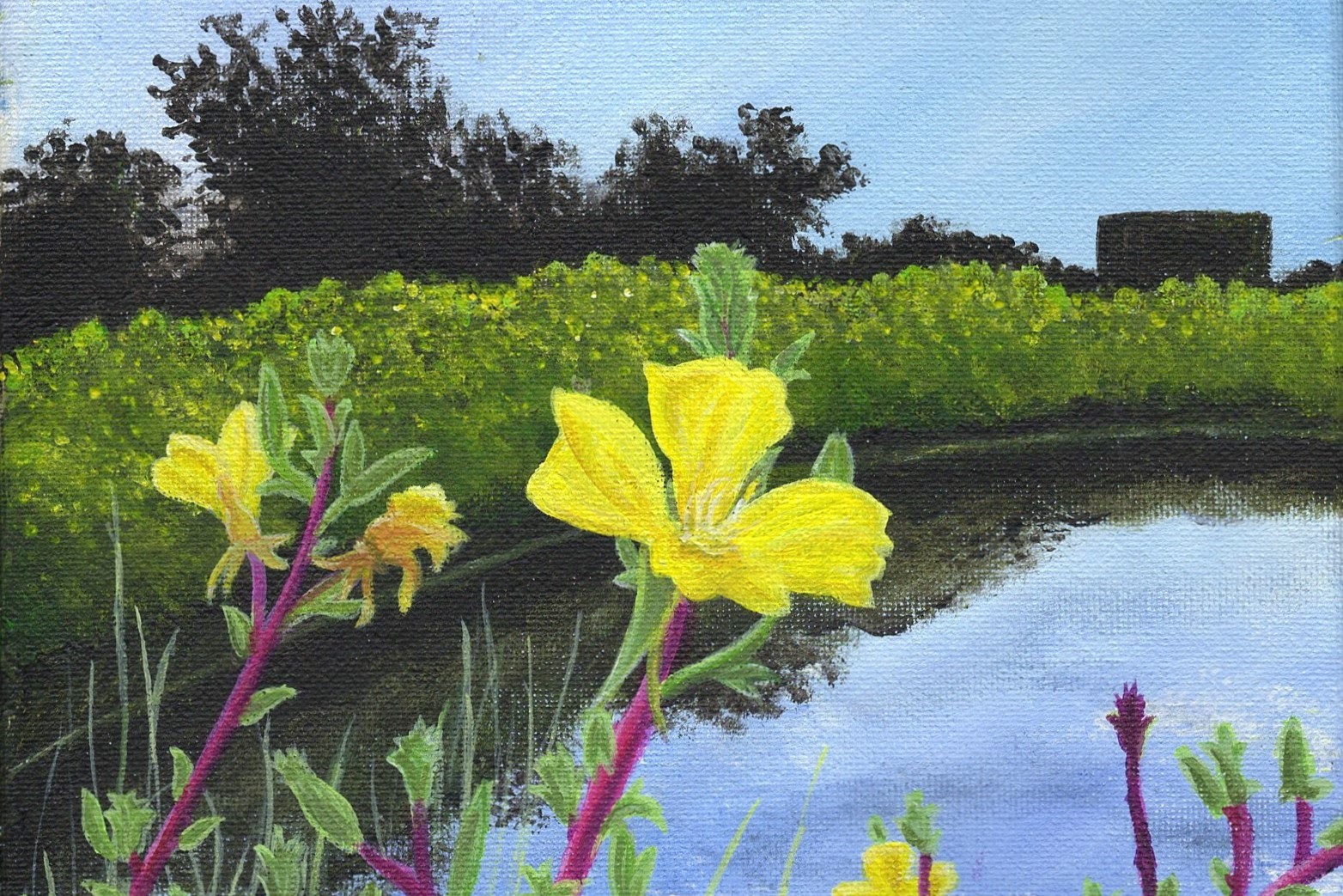 painting of yellow flowers in front of lake