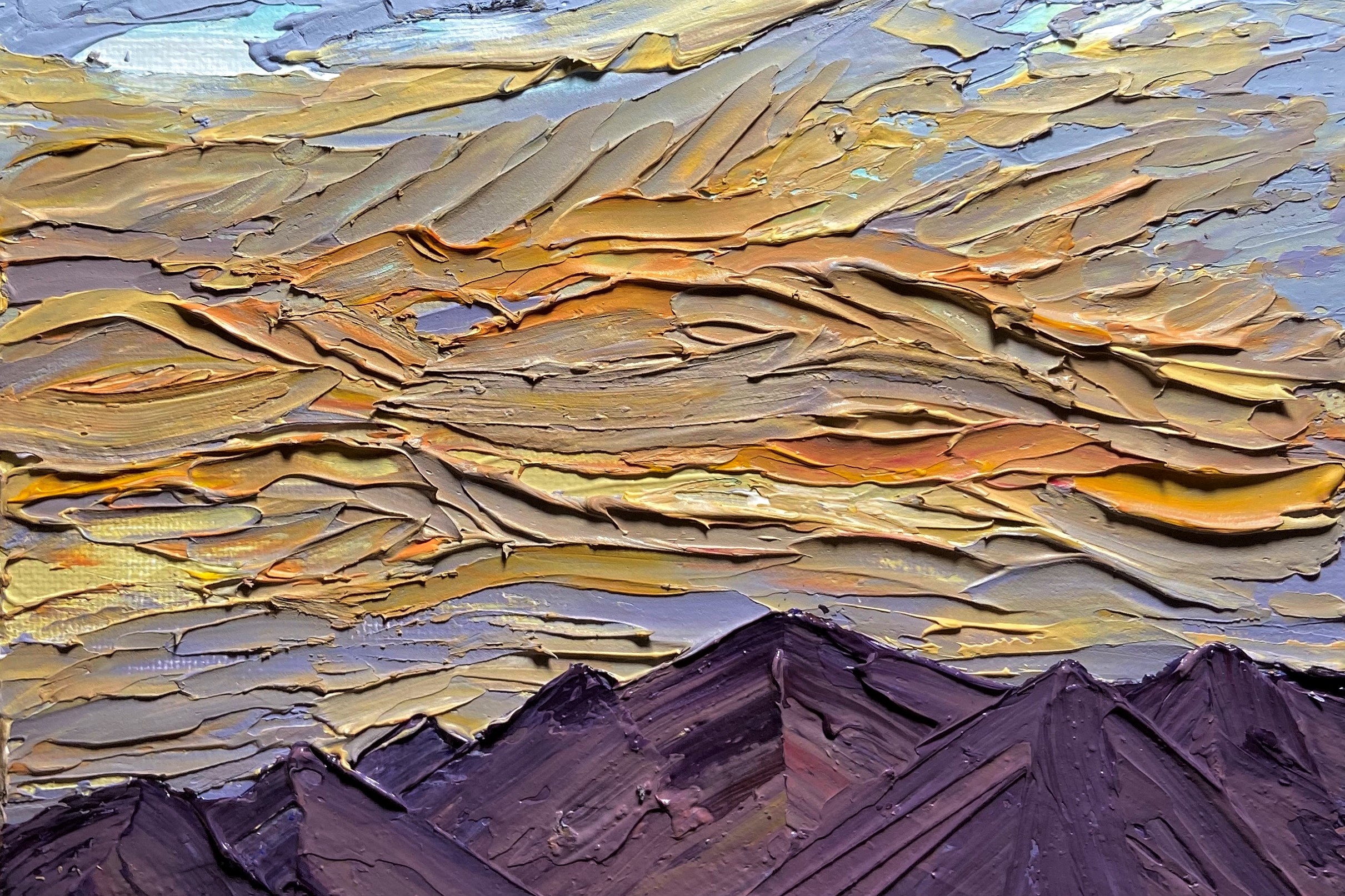 textured painting of mountain and sky landscape